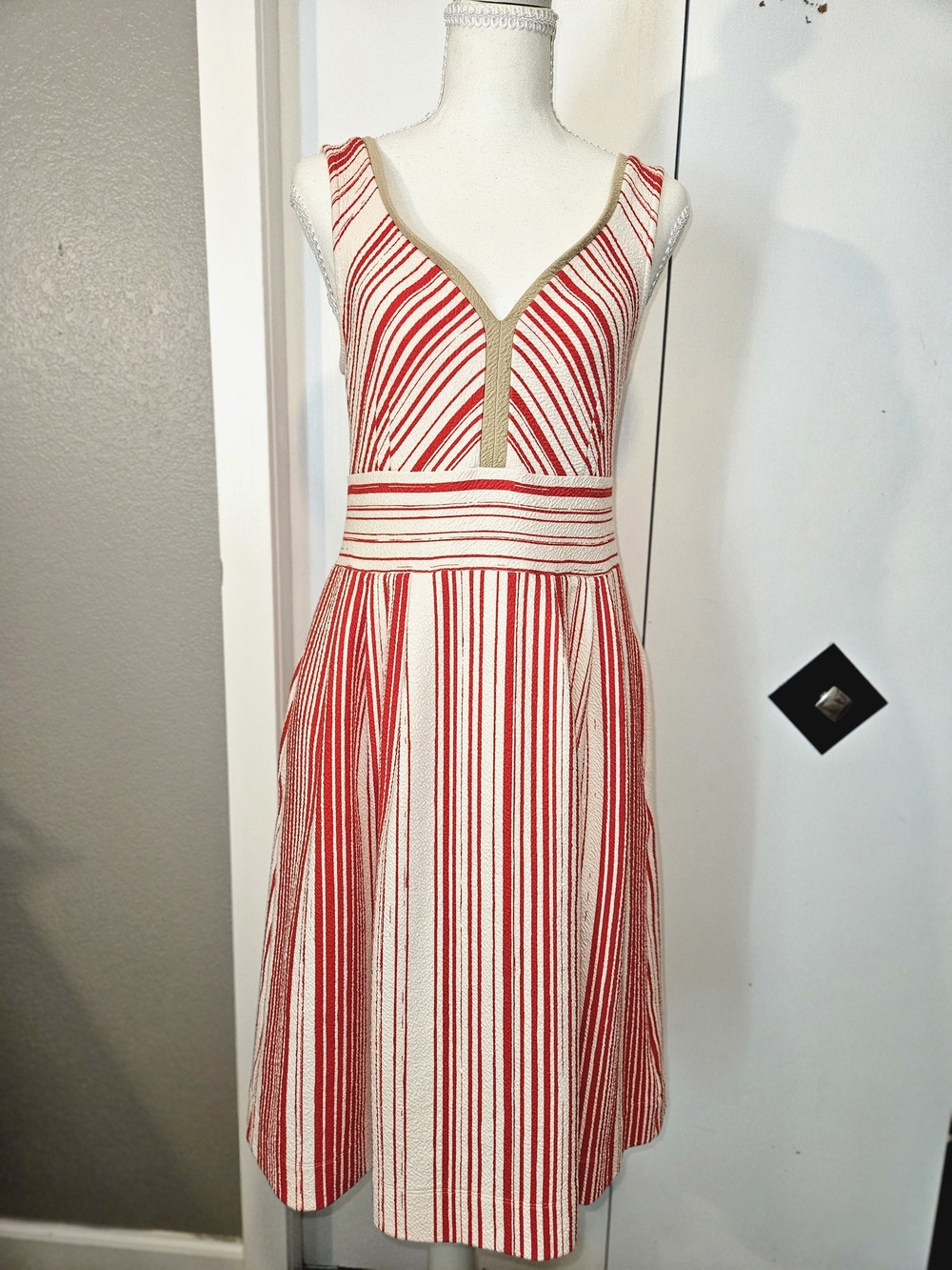 Anthropologie Red and Cream Striped Midi Dress